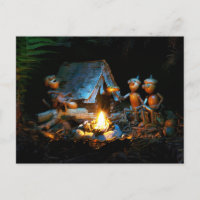 Acorn elves around the campfire at the campsite