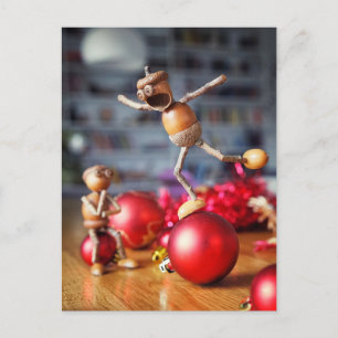 Acorn elves balancing on Christmas ball- Christmas Postcard