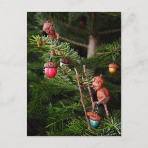 Acorn elves decorating Christmas tree - Christmas Postcard