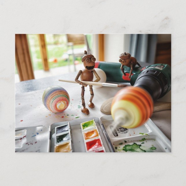 Acorn elves decorating Easter eggs Easter Postcard (Front)