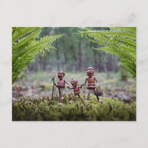 Acorn elves family on a walk postcard
