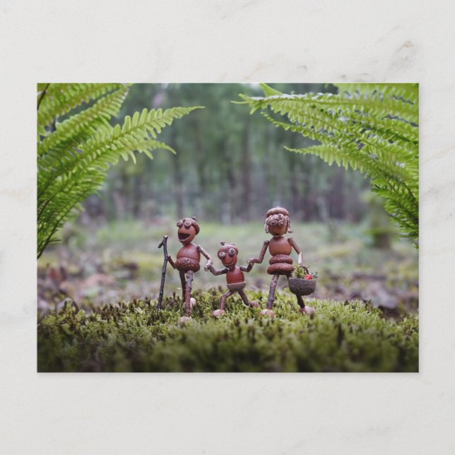 Acorn elves family on a walk postcard (Front)