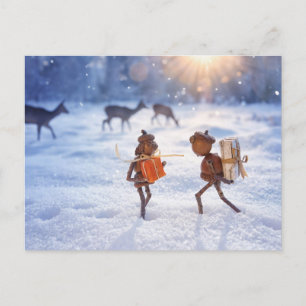 Acorn elves giving gifts to each other - Christmas Postcard