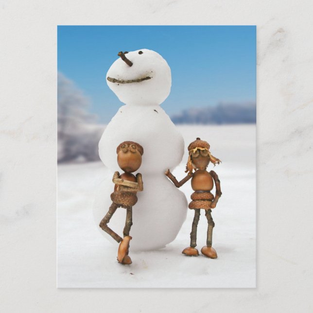 Acorn elves making a snowman winter postcard (Front)
