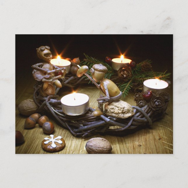 Acorn elves on advent wreath - Christmas Postcard (Front)