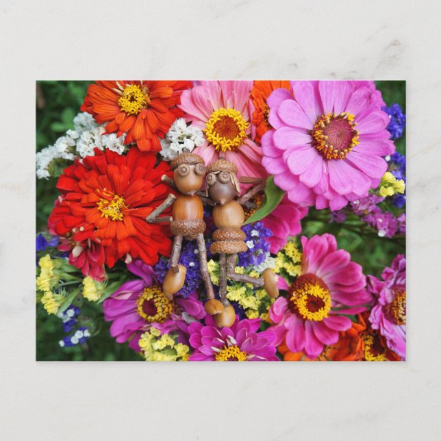 Acorn elves on the spray of flowers postcard (Front)