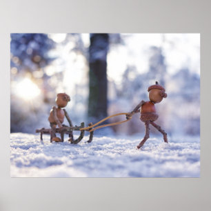Acorn elves ride on a sleigh winter poster
