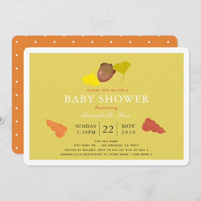 Acorn & Fall Ginkgo Leaves Baby Shower Invitation (Front/Back)