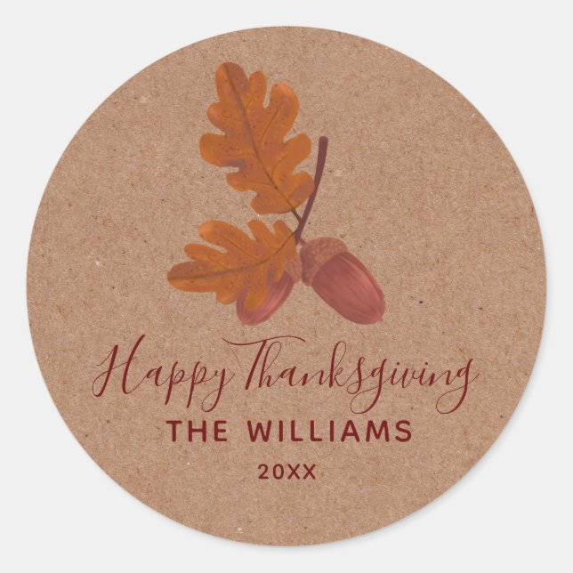 Acorn "Happy Thanksgiving" Personalized  Classic Round Sticker (Front)