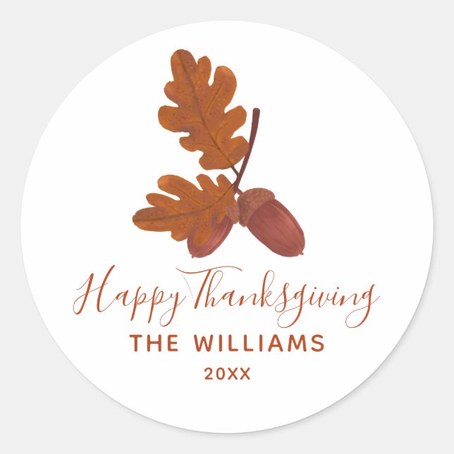 Acorn "Happy Thanksgiving" Personalized   Classic Round Sticker (Front)