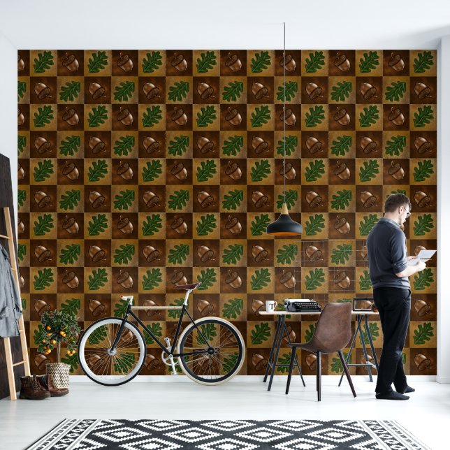 Acorn Oak Leaf Chequerboard Wallpaper (Living Room)