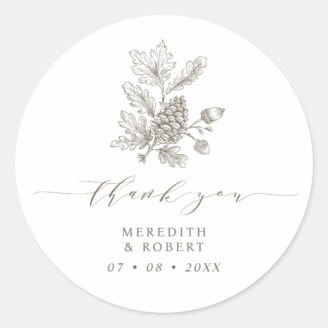 Acorn & Pinecone Branch Fall Wedding Thank You Classic Round Sticker (Front)