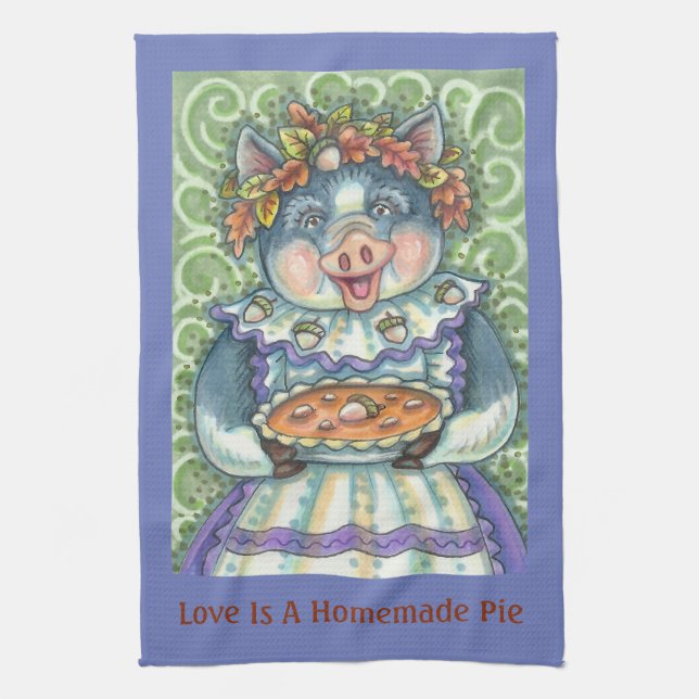 ACORN & SQUASH PIE, THANKSGIVING PIG KITCHEN TOWEL (Vertical)