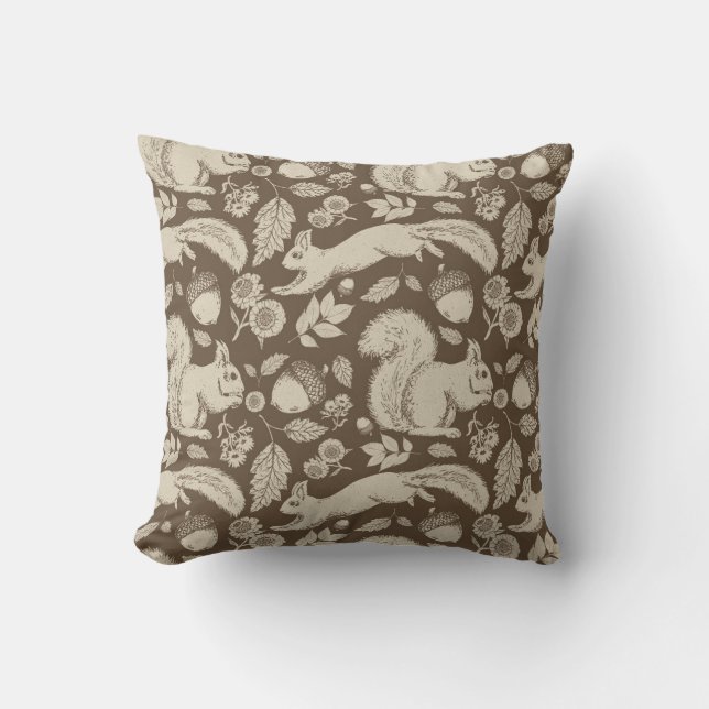 Acorn Squirrel Floral Taupe Ecru Pillow (Front)