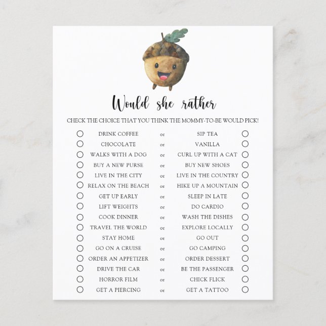 Acorn / Would She Rather Baby Shower Game (Front)