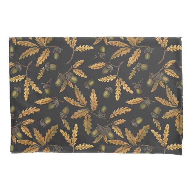 Acorns and oak leaves on black pillowcase (Front-Left)