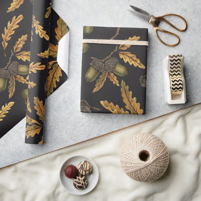 Acorns and oak leaves on black wrapping paper (Crafts)
