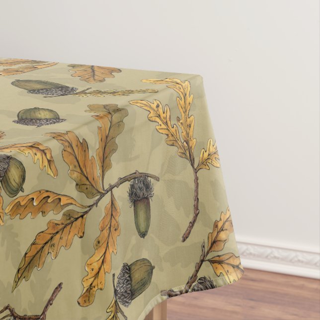 Acorns and oak leaves on ecru tablecloth (In Situ)