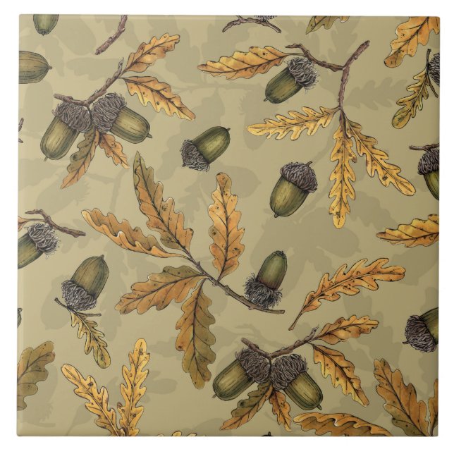 Acorns and oak leaves on ecru tile (Front)