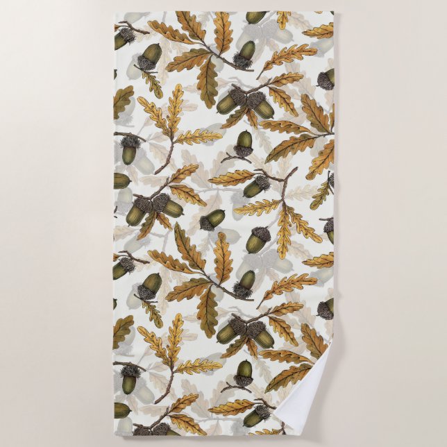 Acorns and oak leaves on off white beach towel (Front)