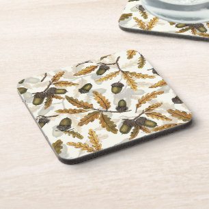 Acorns and oak leaves on off white coaster