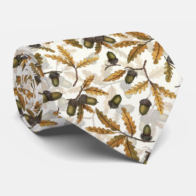 Acorns and oak leaves on off white tie (Rolled)