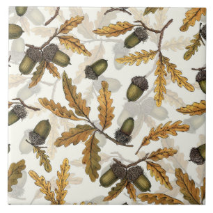 Acorns and oak leaves on off white tile