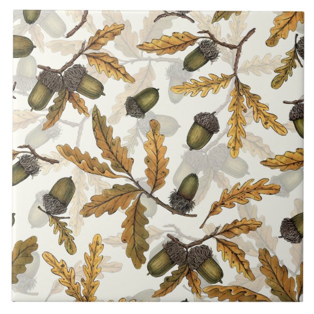 Acorns and oak leaves on off white tile (Front)