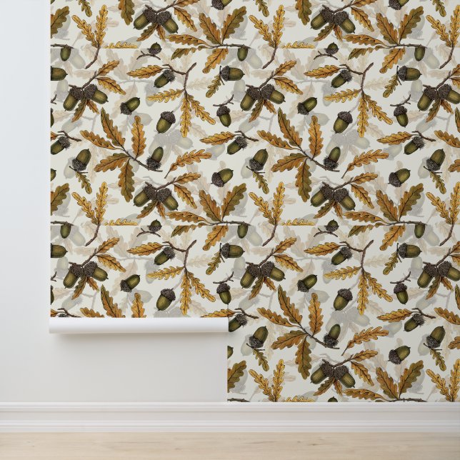 Acorns and oak leaves on off white wallpaper (Application)