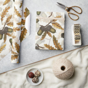 Acorns and oak leaves on off white wrapping paper