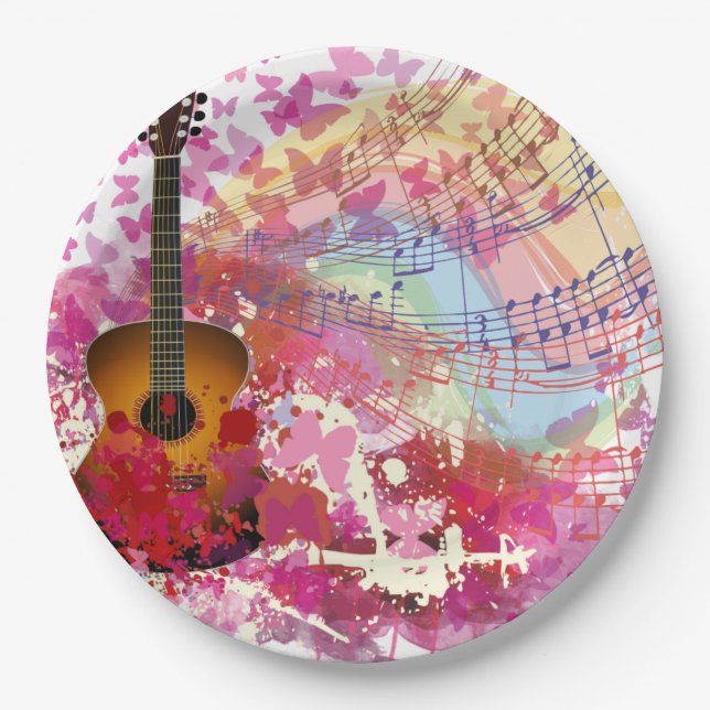 Acoustic Guitar and Butterflies Paper Plate (Front)