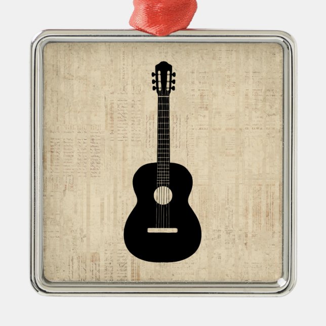 Acoustic Guitar Art Script Background Metal Ornament (Front)