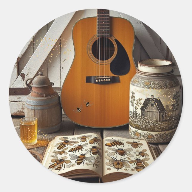  Acoustic Guitar Bees Country Living Nature Classic Round Sticker (Front)