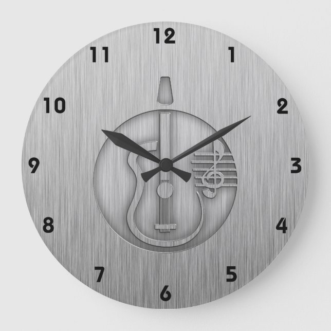 Acoustic Guitar; Brushed metal-look Large Clock (Front)