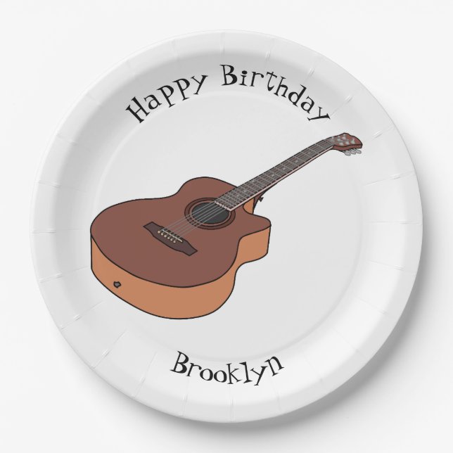 Acoustic guitar cartoon illustration paper plate (Front)