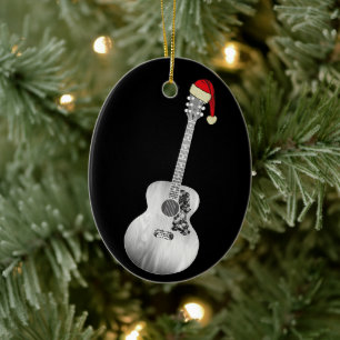 Acoustic Guitar Christmas Black and White Festive  Ceramic Ornament