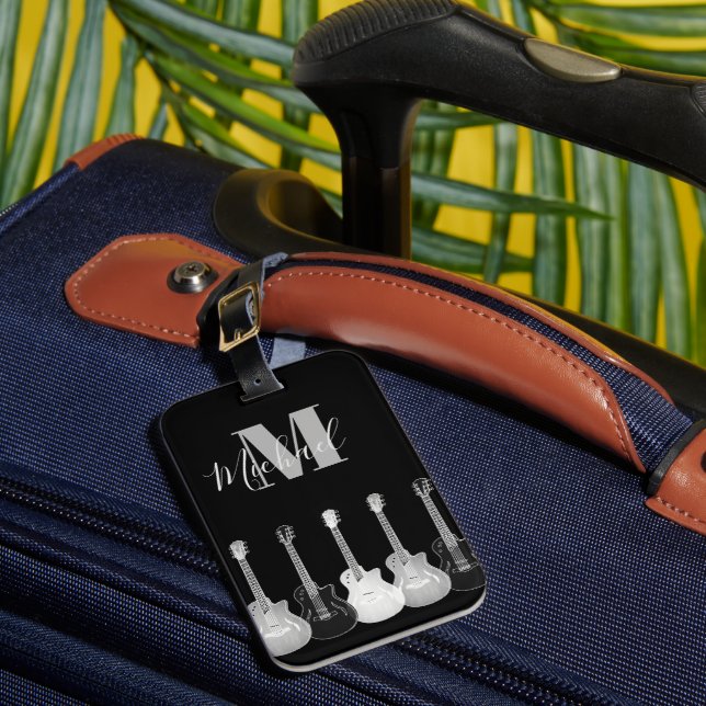 Acoustic guitar monochromatic guitarist Monogram Luggage Tag (Front Insitu 1)