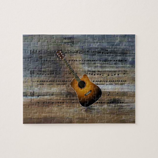 Acoustic Guitar~Sheet Music On Barnwood Background Jigsaw Puzzle (Horizontal)
