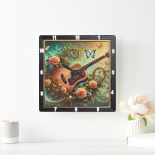 Acoustic Guitar Surrounded Flowers and Butterflies Square Wall Clock