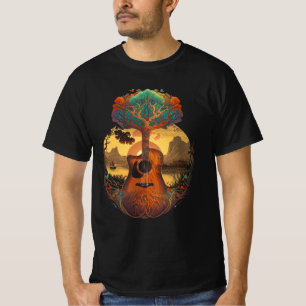 Acoustic Guitar Tree By The Lake Guitarist Sunset T-Shirt
