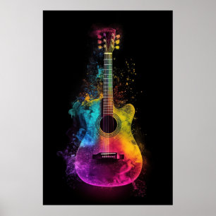 Acoustic guitar with exploding colours poster