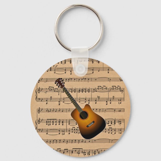 Acoustic Guitar With Sheet Music Background Keychain (Front)