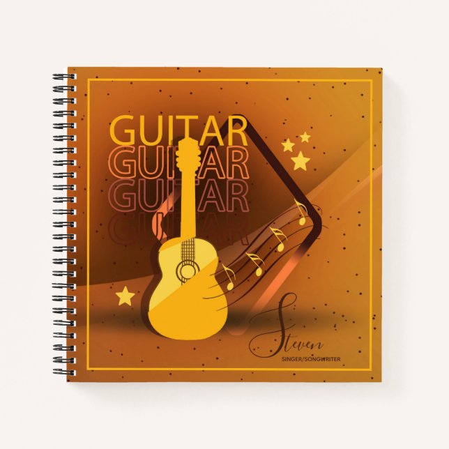 Acoustic Guitar Words and Music Amber ID570 Notebook (Front)