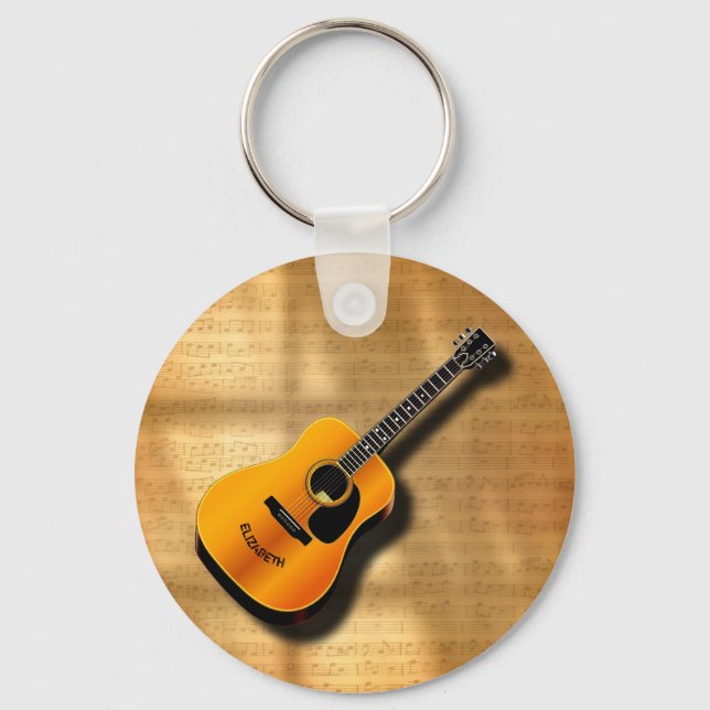 Acoustic Vintage Guitar With Musician Custom Name Keychain (Front)