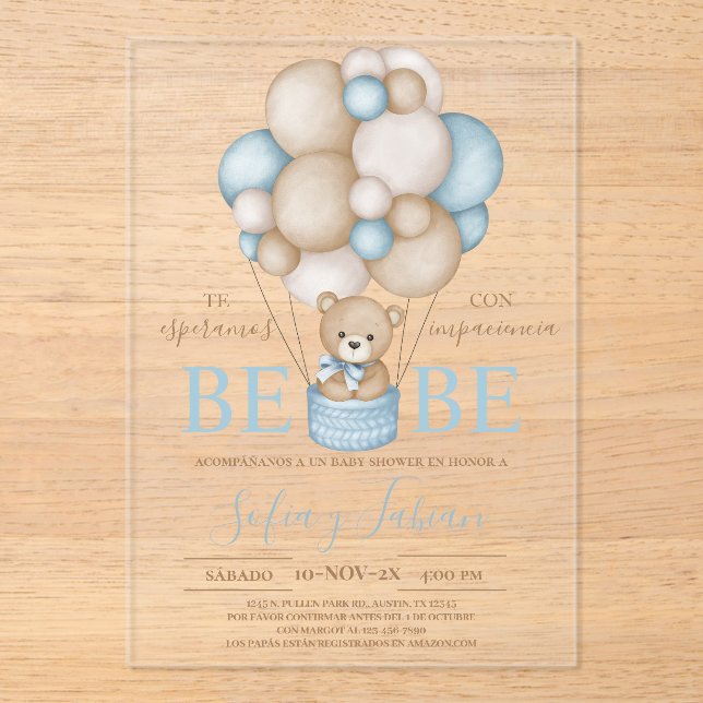 Acrilic Bear Balloons Boy Baby Shower   Acrylic Invitations (Front)