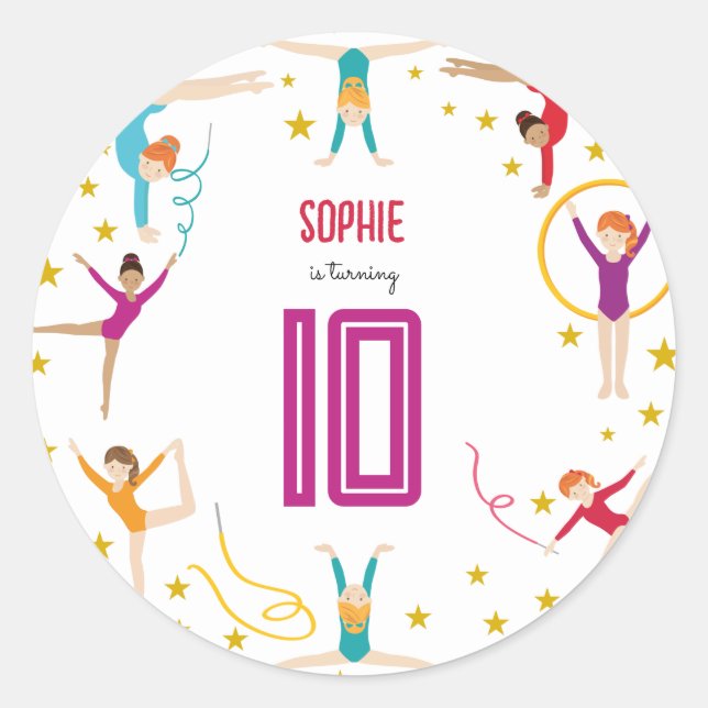 Acrobatics and gymnastics sport girl birthday classic round sticker (Front)