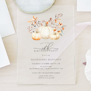 ACRYLIC 30th Birthday White Pumpkin Fall Leaves Invitations