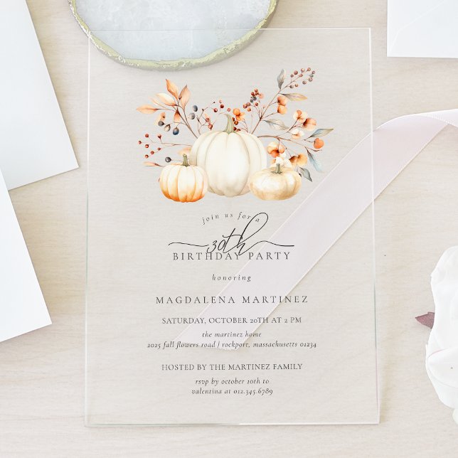 ACRYLIC 30th Birthday White Pumpkin Fall Leaves Invitations (Creator Uploaded)