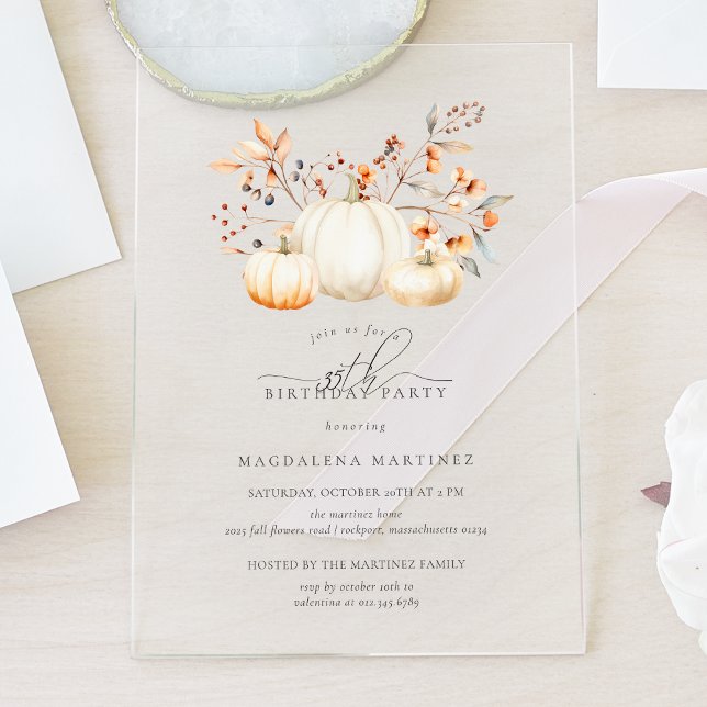 ACRYLIC 35th Birthday White Pumpkin Fall Leaves Acrylic Invitations (Creator Uploaded)