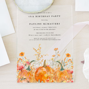 ACRYLIC 45th Birthday Fall Pumpkin Wildflower Invitations